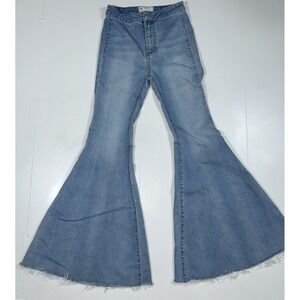 Free People High Waisted Bell Bottom Flare Raw Hem Whisker Stretch Women Sz 25‎